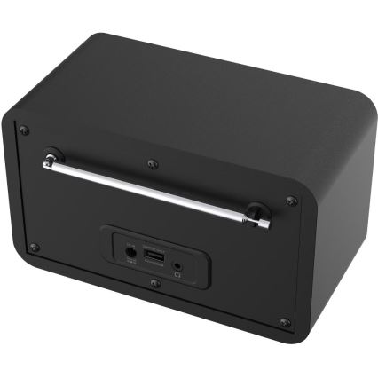 Čierny rádioprijímač s výsuvnou anténou je zobrazený zozadu. Na zadnej strane sú viditeľné konektory: DC IN, USB, 3,5 mm audio vstup a výstup. Text: CHARGE ONLY, 5V=1000mA.