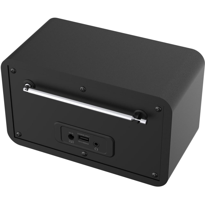 Čierny rádioprijímač s výsuvnou anténou je zobrazený zozadu. Na zadnej strane sú viditeľné konektory: DC IN, USB, 3,5 mm audio vstup a výstup. Text: CHARGE ONLY, 5V=1000mA.