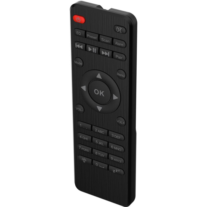 Diaľkový ovládač s tlačidlami pre ovládanie hlasitosti, menu, režimu, prehrávania, číslami, písmenami a špeciálnymi funkciami, ako je EQ, Preset, Scan, Alarm a Pair, je zobrazený na bielom pozadí.