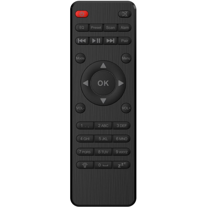Diaľkový ovládač zobrazuje tlačidlá pre ovládanie hlasitosti, kanálov, režimu, menu, párovania a ďalších funkcií vrátane číselnej klávesnice a písmen. Na ovládači sú symboly pre prehrávanie, preskakovanie, EQ, scan, alarm, a podsvietenie.