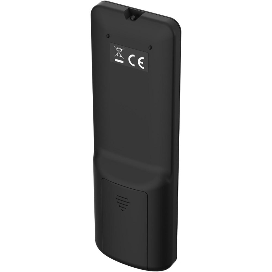 Čierny diaľkový ovládač je zobrazený zo zadnej strany. Na zadnej strane je viditeľné označenie CE. Ovládač je umiestnený na bielom pozadí.