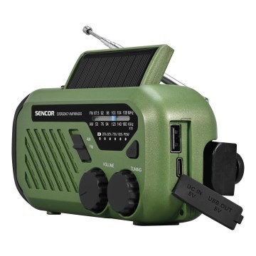 Sencor - Kempingové rádio s kľukou, so solárnym panelom a LED svietidlom 5V/2000 mAh IPX4 zelené