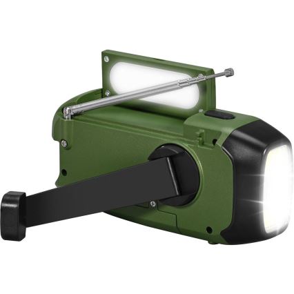 Prenositelné rádio s baterkou je v zelenej farbe, rozkladá sa. Má výsuvnú anténu a skladací stojan. Svieti pomocou LED diód.