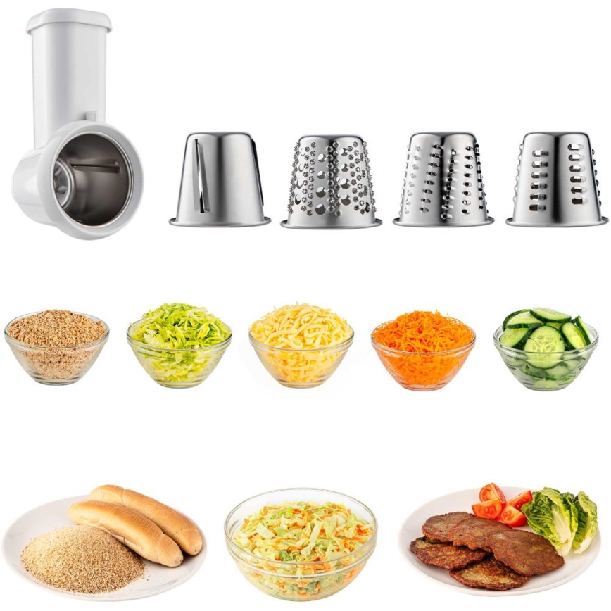 Strúhadlo s rôznymi nástavcami strúha zeleninu a syr. Na obrázku sú zobrazené nasekané ingrediencie: strúhaný syr, mrkva, uhorky, kapusta a sezamové semienka. Vidno tiež hotové jedlo - hamburgery so šalátom.