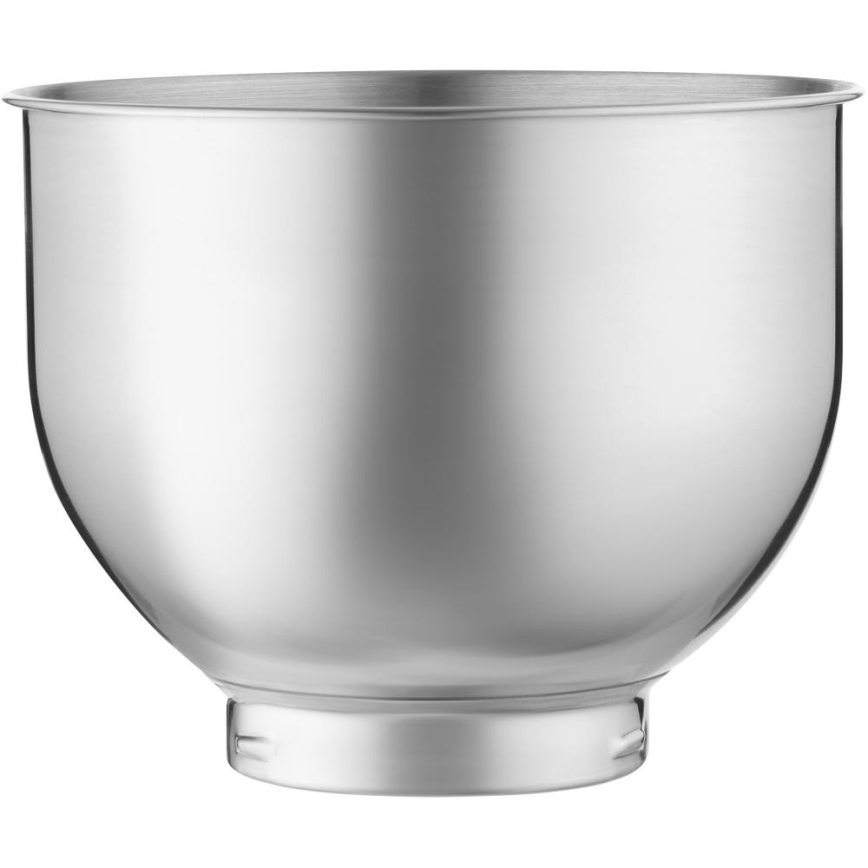 Nerezová misa stojí na bielom pozadí. Misa je široká a má zaoblený tvar, zužujúci sa smerom k spodnej časti. Je vyrobená z lesklého kovu.