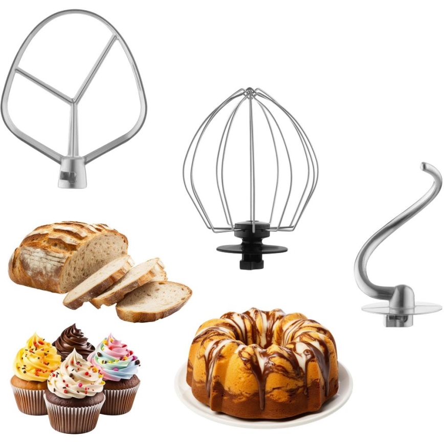 Na obrázku sú tri nástavce pre kuchynský robot: hnetací hák, šľahacia metla a hákový nástavec. Ďalej je zobrazený chlieb, niekoľko muffinov a bábovka. Všetko je na bielom pozadí.