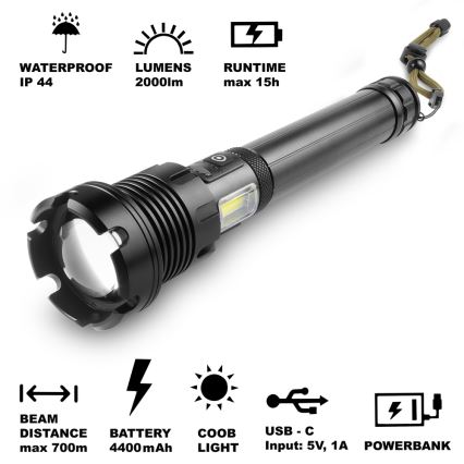 Sencor - LED Nabíjacia hliníková baterka s funkciou powerbanky LED/10W/4400 mAh 2000 lm IP44