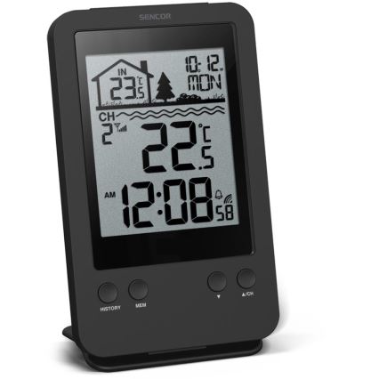 Digitálny bezdrôtový budík Sencor zobrazuje čas 12:08, vnútornú teplotu 23,5°C a vonkajšiu 22,5°C. Dátum je 10.12., deň pondelok. Na spodku má tlačidlá pre históriu, pamäť a prepínanie kanálov.