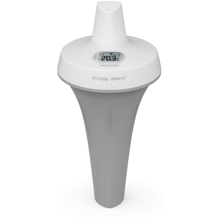 Sencor bazénový teplomer meria teplotu. Zobrazuje hodnotu 203°C. Na zariadení sú tlačidlá CLOSE a OPEN.