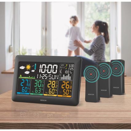 Sencor - Meteostanica s farebným LCD displejom + 3 senzory 3xAA + 6xAA čierna