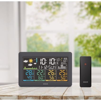 Sencor - Meteostanica s farebným LCD displejom + 3 senzory 3xAA + 6xAA čierna