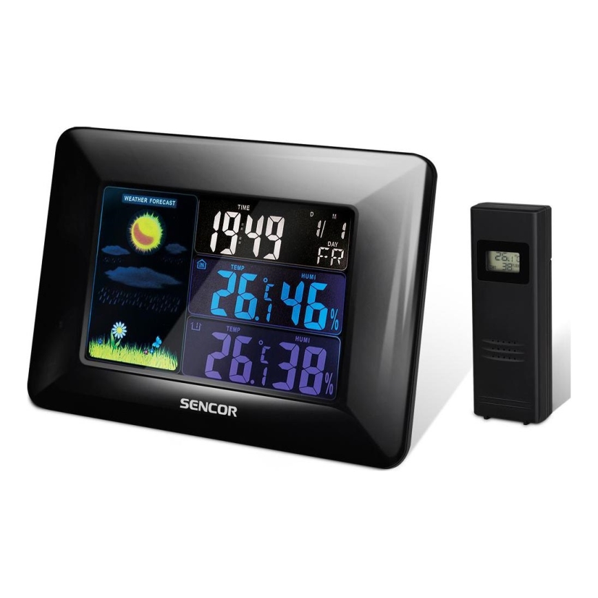 Sencor - Meteostanica s farebným LCD displejom a budíkom 3xAAA + 2xAA čierna