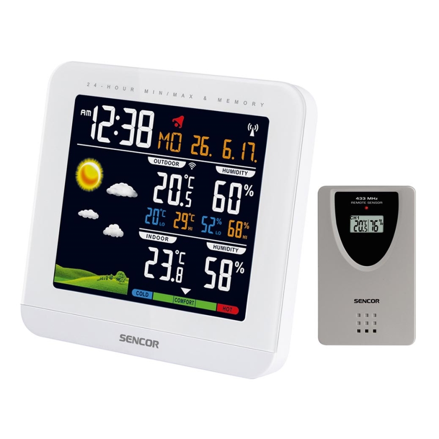 Sencor - Meteostanica s farebným LCD displejom a budíkom 3xAAA + 2xAAA biela