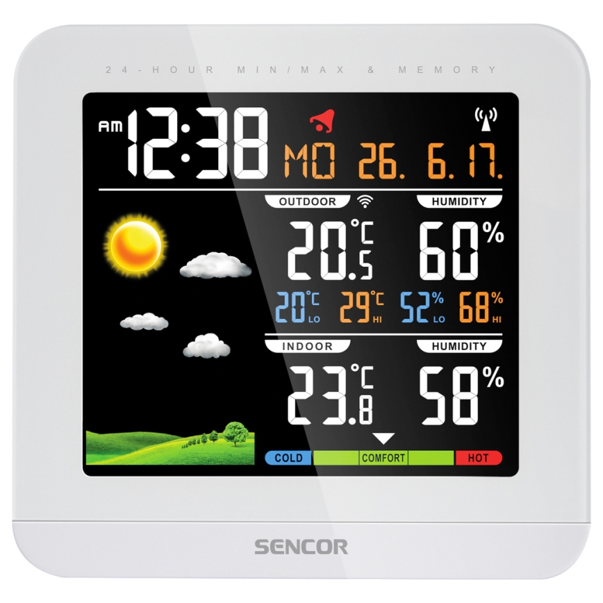 Sencor - Meteostanica s farebným LCD displejom a budíkom 3xAAA + 2xAAA biela