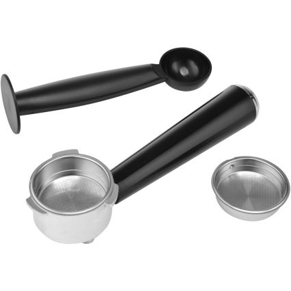 Espresso tamper s nerezovou nádobkou a sitkom, plastová odmerka a tamper na kávu sú umiestnené na bielom pozadí.