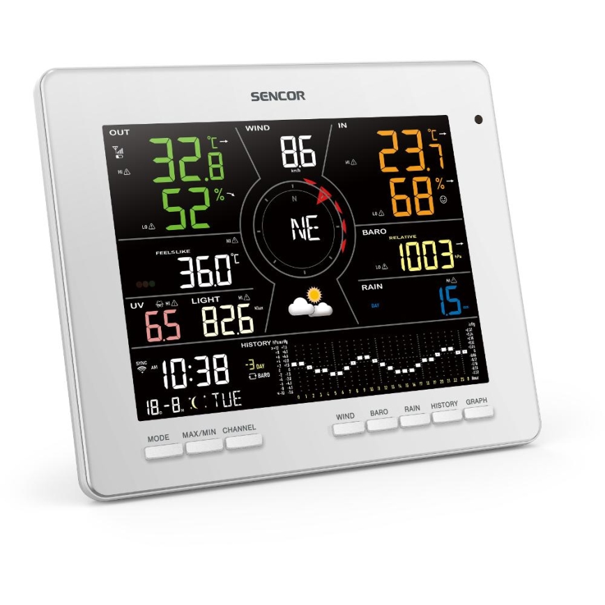 Sencor - Profesionálna meteostanica s farebným LCD displejom 5V 1xCR2032 + 3xAA + 2xAA Wi-Fi Tuya