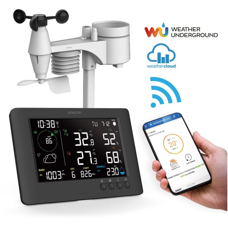 Meteorologická stanica Sencor meria a zobrazuje vonkajšie podmienky na displeji a v mobilnej aplikácii Weather Underground. Displej ukazuje čas, teplotu, vlhkosť, tlak, UV index, intenzitu svetla a zrážky. Mobilná aplikácia zobrazuje aktuálnu a predpovedanú teplotu, typ oblačnosti a ďalšie údaje.