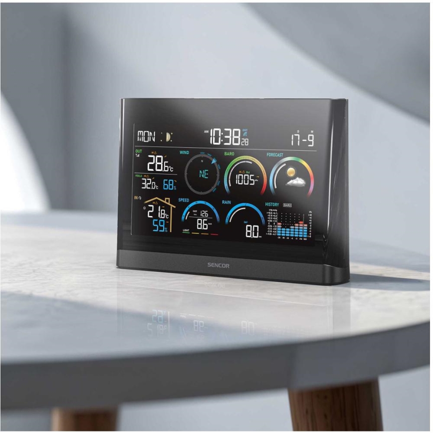 Sencor - Profesionálna meteostanica s farebným LCD displejom a budíkom 5V/3xAAA + 3xAA