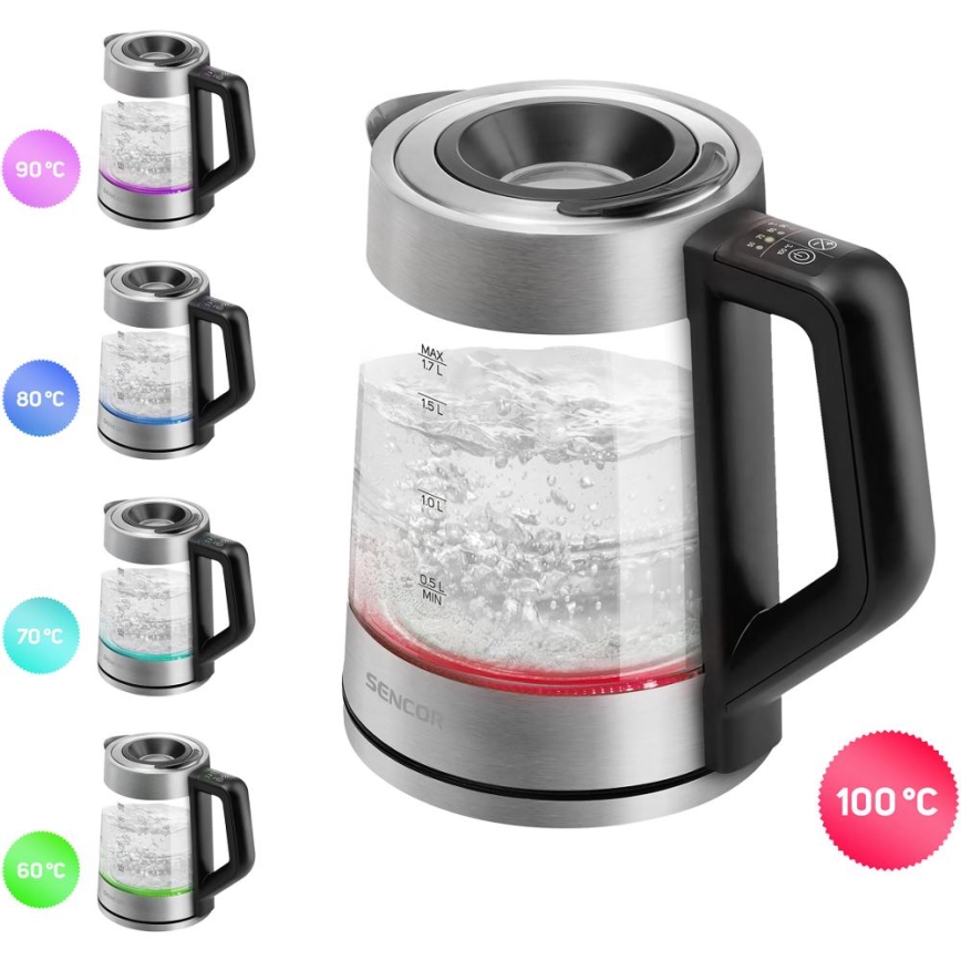 Sencor - Rýchlovarná kanvica s termoreguláciou 1,7 l 2200W/230V matný chróm/čierna