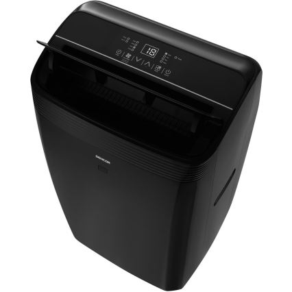 Čierny Sencor odvlhčovač vzduchu s digitálnym displejom zobrazujúcim 18 °C a ovládačmi. Na vrchu je otvorená klapka. Odvlhčovač stojí na bielom pozadí.