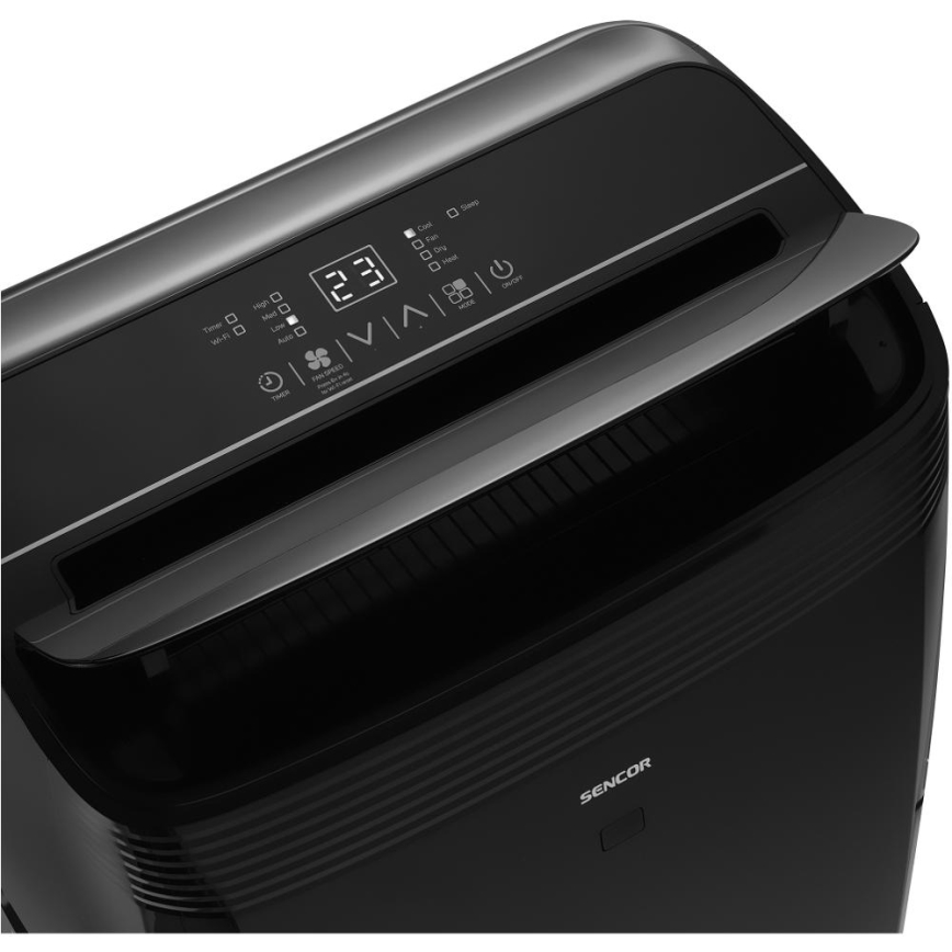 Čierny odvlhčovač Sencor s digitálnym displejom zobrazujúcim „23“ a ovládačmi pre nastavenie času, režimov (Auto, Sleep, Dry, Fan, Heat), rýchlosti ventilátora a ďalších funkcií. Horná časť je strieborná s otvorom na výstup vzduchu.