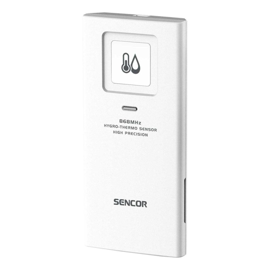 Biely senzor Sencor meria vlhkosť a teplotu. Na displeji sú zobrazené ikony teplomeru a kvapiek vody. Na tele je uvedené: 868MHz HYGRO-THERMO SENSOR HIGH PRECISION.