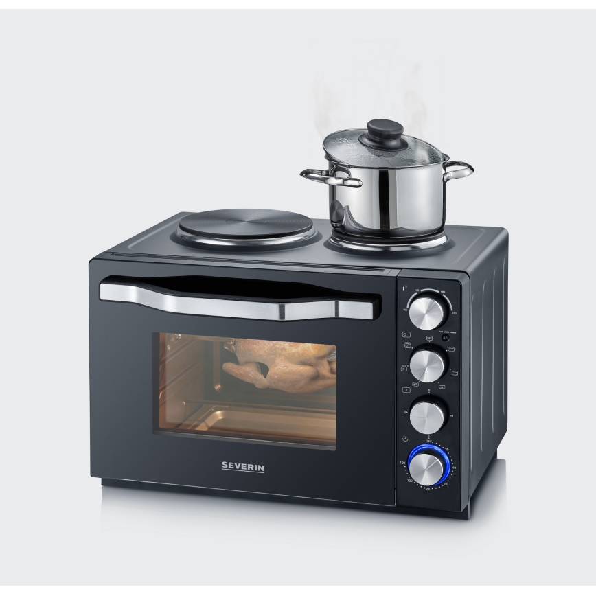 Severin TO 2074 – teplovzdušná rúra s grilom a varnými platničkami, 2500 W/230 V, 30 l, čierna