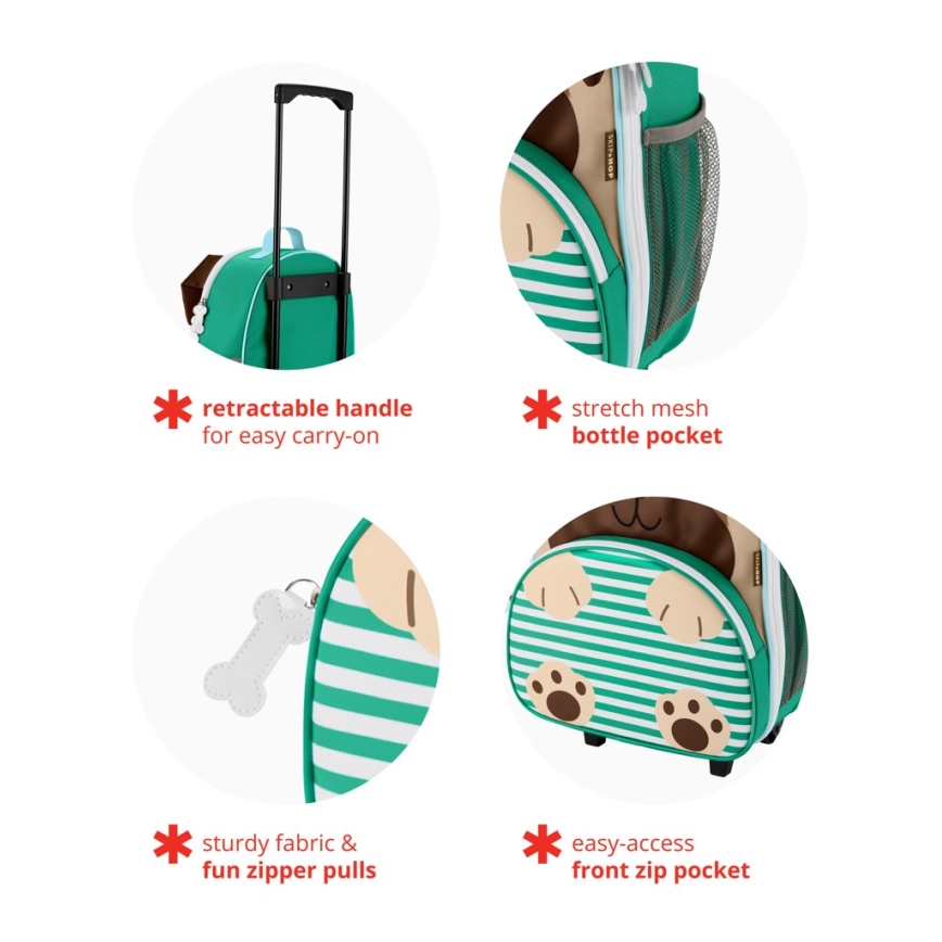 Detská cestovná taška na kolieskach s obrázkom psa má výsuvnú rukoväť, sieťované vrecko na fľašu, odolnú látku, zábavné zipsy a predné vrecko na zips.