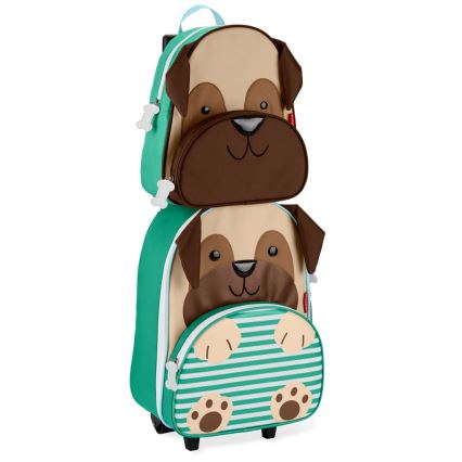 Dvojica cestovné tašky s motívom psa; horná hnedá, dolná tyrkysová s pruhovanou prednou časťou; obe majú kolieska.