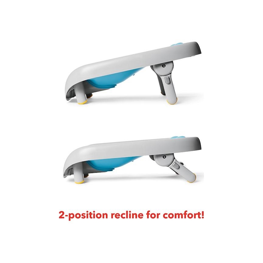 Dvojpolohová lehátka sa nakláňajú. Majú sivú a modrú farbu, stoja na štyroch nožičkách. Text: 2-position recline for comfort!