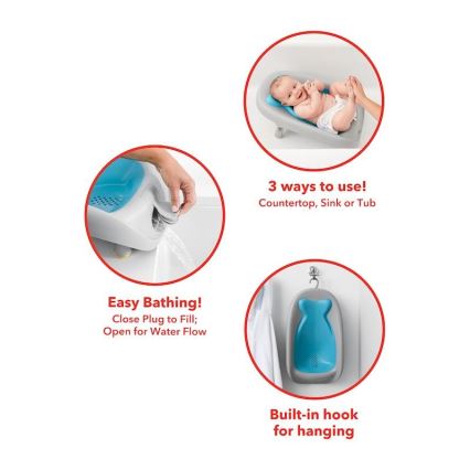 Detská vanička s odtokovou zátkou sa používa na kúpanie bábätka. Vanička sa dá použiť na umývadle, linke alebo vo vani. Má zabudovaný háčik na zavesenie.