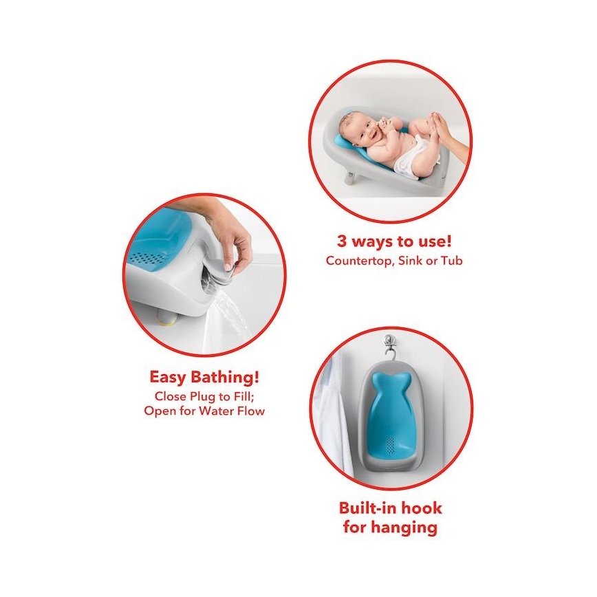 Detská vanička s odtokovou zátkou sa používa na kúpanie bábätka. Vanička sa dá použiť na umývadle, linke alebo vo vani. Má zabudovaný háčik na zavesenie.