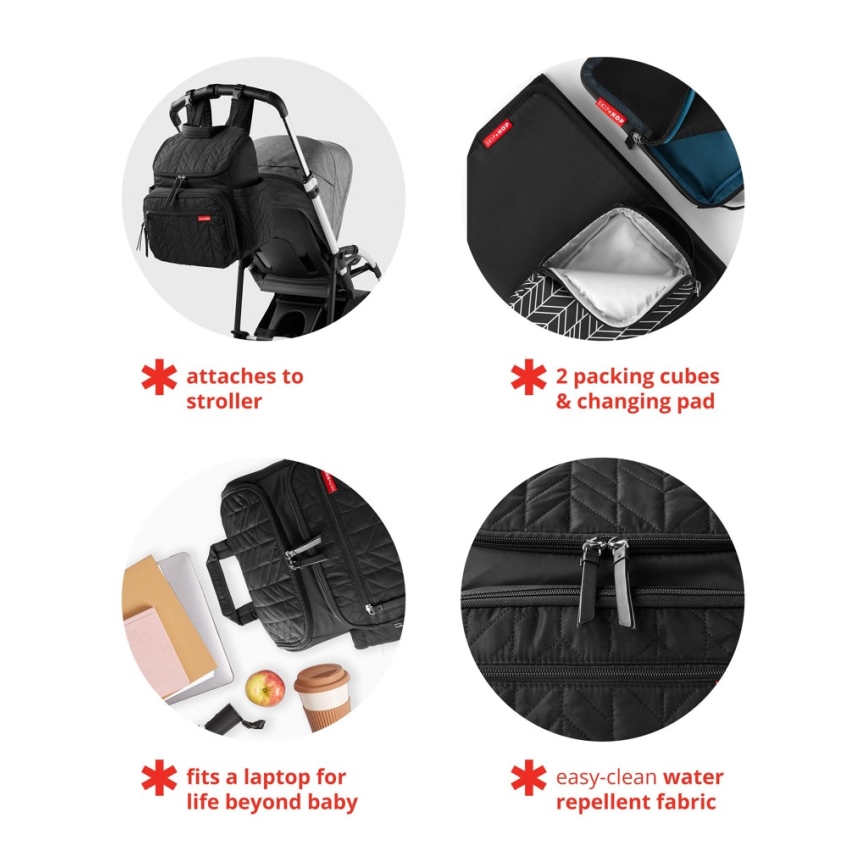 Čierna prebaľovacia taška sa pripevňuje na kočík. Obsahuje dve baliacích vrecúška a prebaľovaciu podložku. Taška pojme notebook a je z ľahko čistiteľnej, vodeodolnej látky.