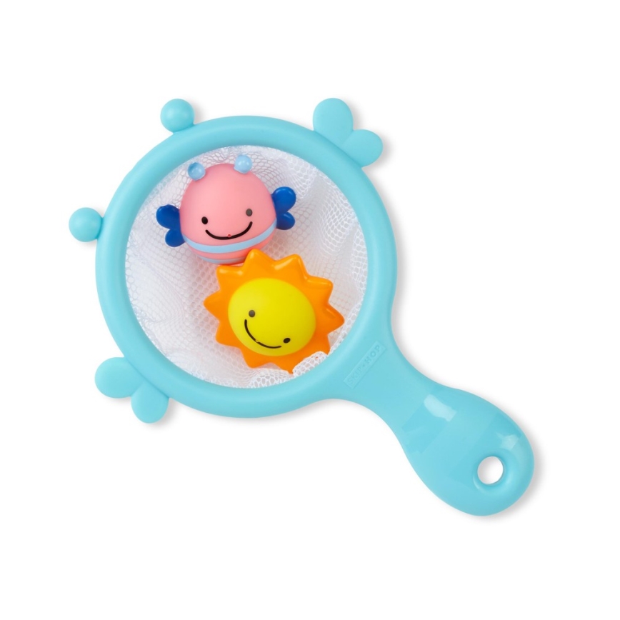 Modrá sieťka na hračky obsahuje dve gumové hračky: ružovú rybičku a žlté slnko. Sieťka je zhotovená z plastu a má držadlo. Hračky sú umiestnené vo vnútri sieťky.