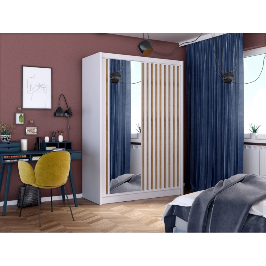 Skriňa na šaty so zrkadlom SANTINO 150x215 cm biela+/dub craft