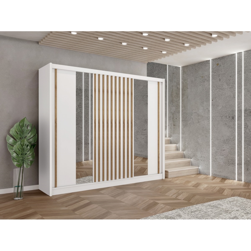 Skriňa na šaty so zrkadlom SANTINO 250x215 cm biela+/dub craft