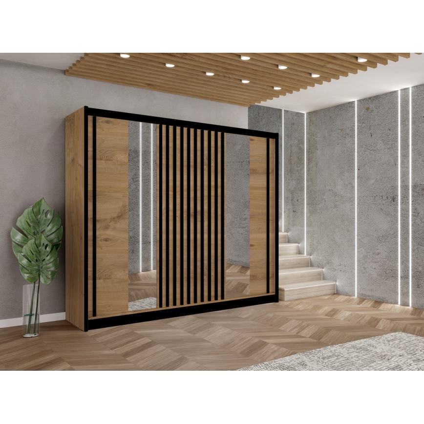 Skriňa na šaty so zrkadlom SANTINO 250x215 cm dub craft/čierna