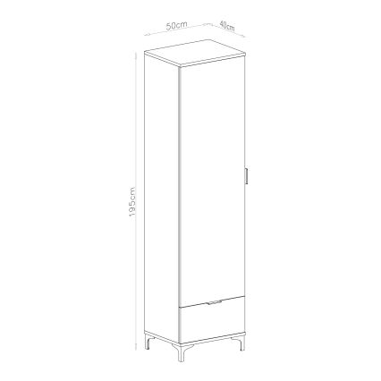 Šatníková skriňa s jednou dvierkami a jedným zásuvkou stojí na štyroch nožičkách. Rozmery: výška 195 cm, šírka 50 cm, hĺbka 40 cm.