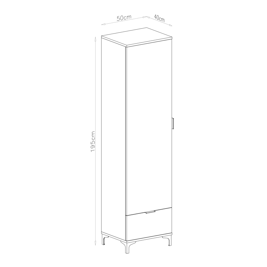 Šatníková skriňa s jednou dvierkami a jedným zásuvkou stojí na štyroch nožičkách. Rozmery: výška 195 cm, šírka 50 cm, hĺbka 40 cm.