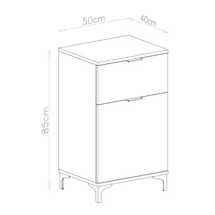 Komoda s dvoma zásuvkami stojí na štíhlych nožičkách. Rozmery sú: výška 85 cm, šírka 50 cm, hĺbka 40 cm.