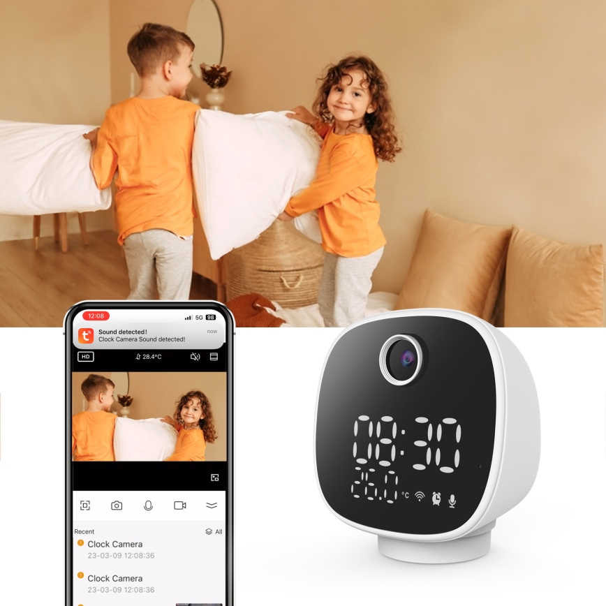Inteligentná kamera s budíkom, teplomerom a LED svetlom 1296p 3Mpx 5V Wi-Fi Tuya IP65
