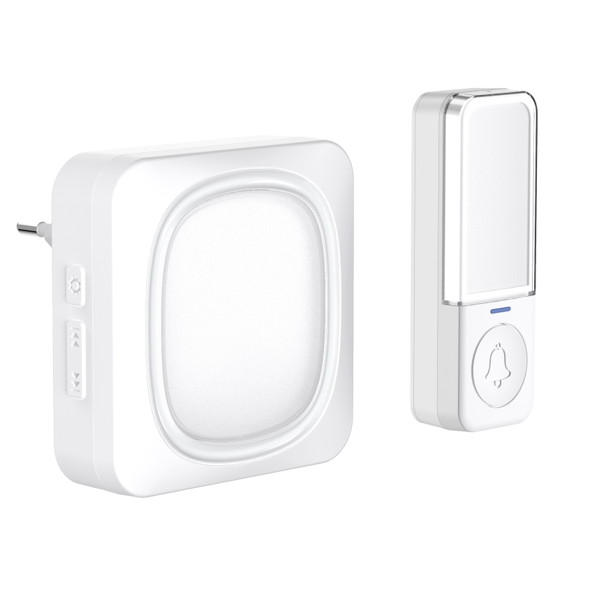 Bezdrôtový zvonček s LED osvetlením do zásuvky 230V/1xCR2032 IP56 biela