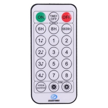 Diaľkové ovládanie s tlačidlami zapnutia/vypnutia, časovača, číslami 1-8, nastavením hlasitosti a jasu, a režimami s hudbou. Na spodku je logo GOLDEN POWER.