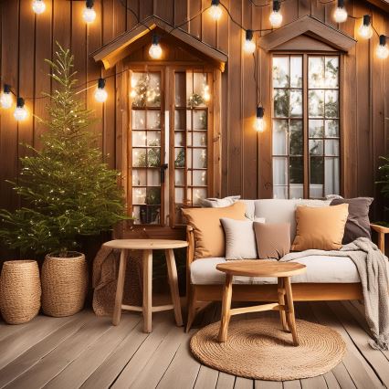 Vonkajší sedací nábytok – gauč s vankúšmi – stojí na drevenej terase osvetlenej girlandami. V blízkosti sú dva črepníkové stromčeky a nízke drevené stolíky. Dom je z tmavého dreva.