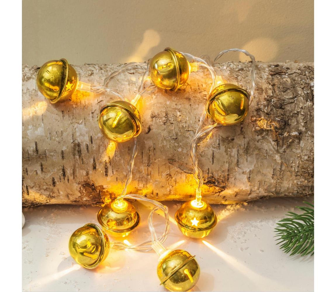 1v272 - LED svetelná reťaz 10× LED / napájanie 2× AA / teplá biela / 1,8 m / s rolničkami 1v272