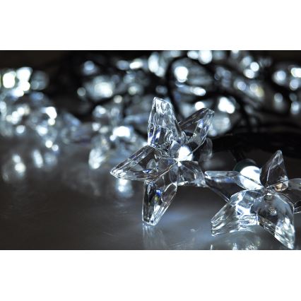 Svetlené hviezdice v tvare kryštálov svietia na tmavom povrchu. Sú súčasťou svetelnej reťaze. Hviezdice sú pripevnené k tenkému čiernemu káblu.