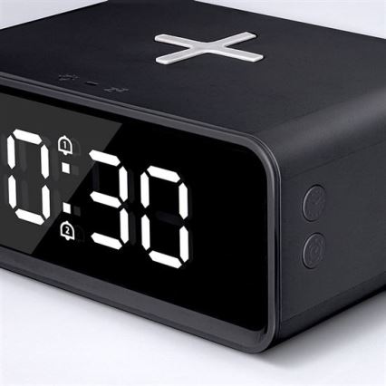 Digitálne hodiny s Qi bezdrôtovou nabíjačkou 230V/CR2032 čierne