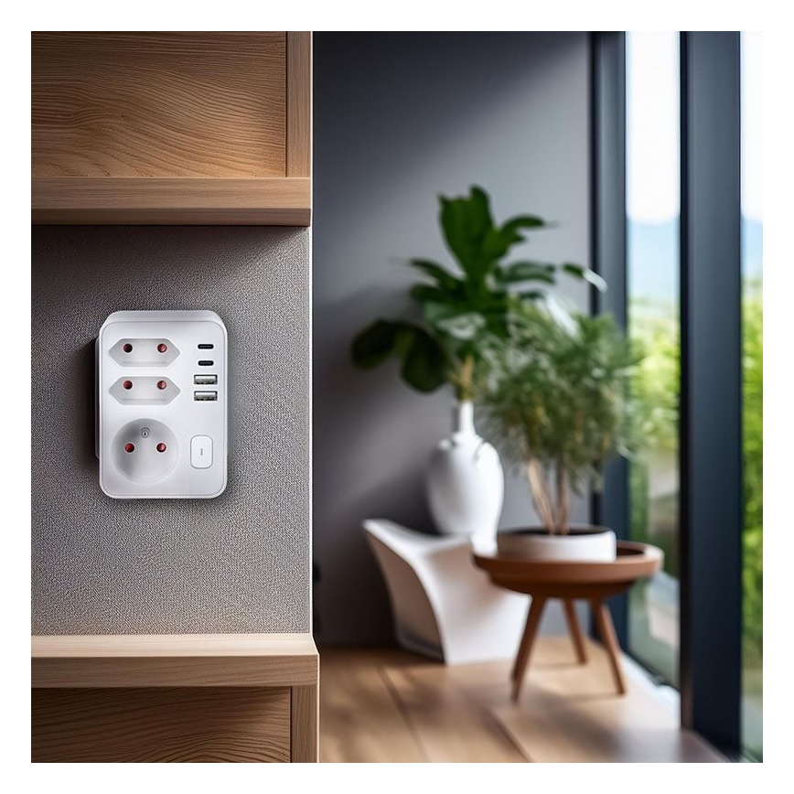 Viacnásobná zásuvka 1x16A+2x 2,5A s 2x USB A+C nabíjačkou, biela
