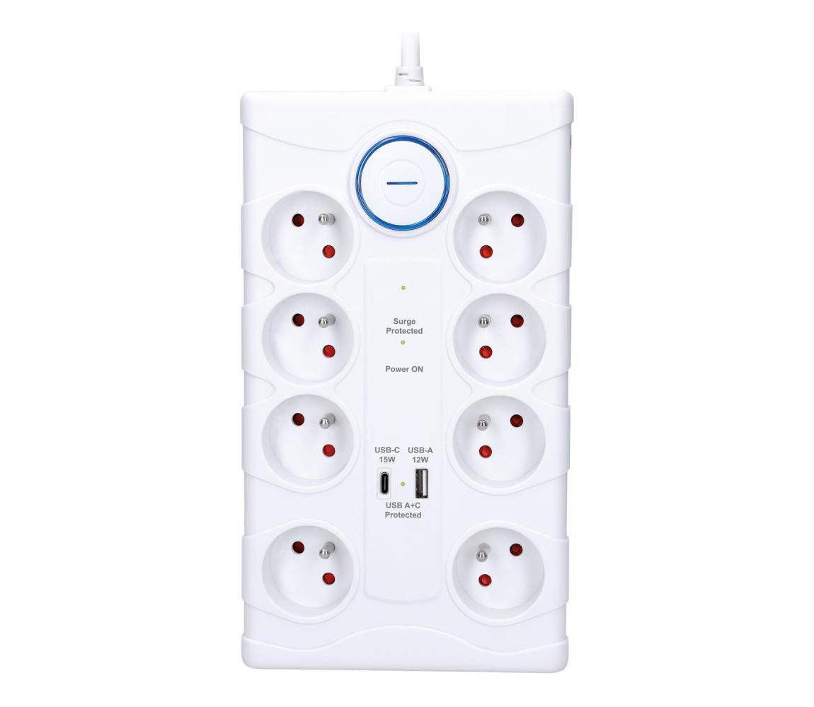 PO80 - Predlžovací kábel s vypínačom, 8 zásuviek Typ E + 1x USB-A + 1x USB-C, 2m, biela PO80