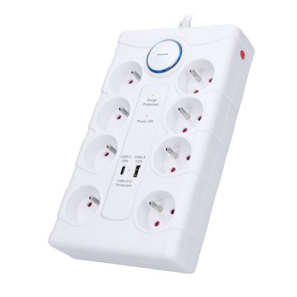 Predlžovací kábel s vypínačom a prepäťovou ochranou 8Z Typ E + 1xUSB-A + 1xUSB-C 2m biela